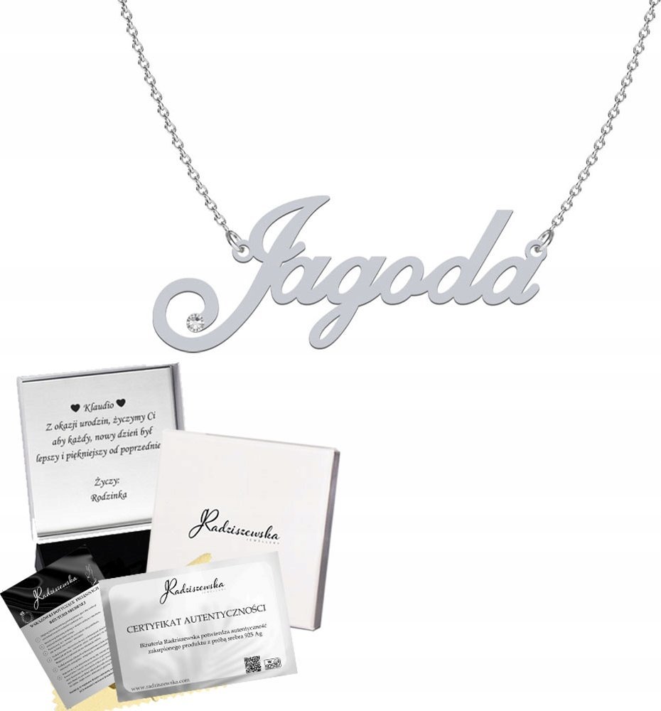 Radziszewska Jewellery Naszyjnik Srebrny z imieniem JAGODA Łańcuszek Prezent TABLICZKA GRATIS