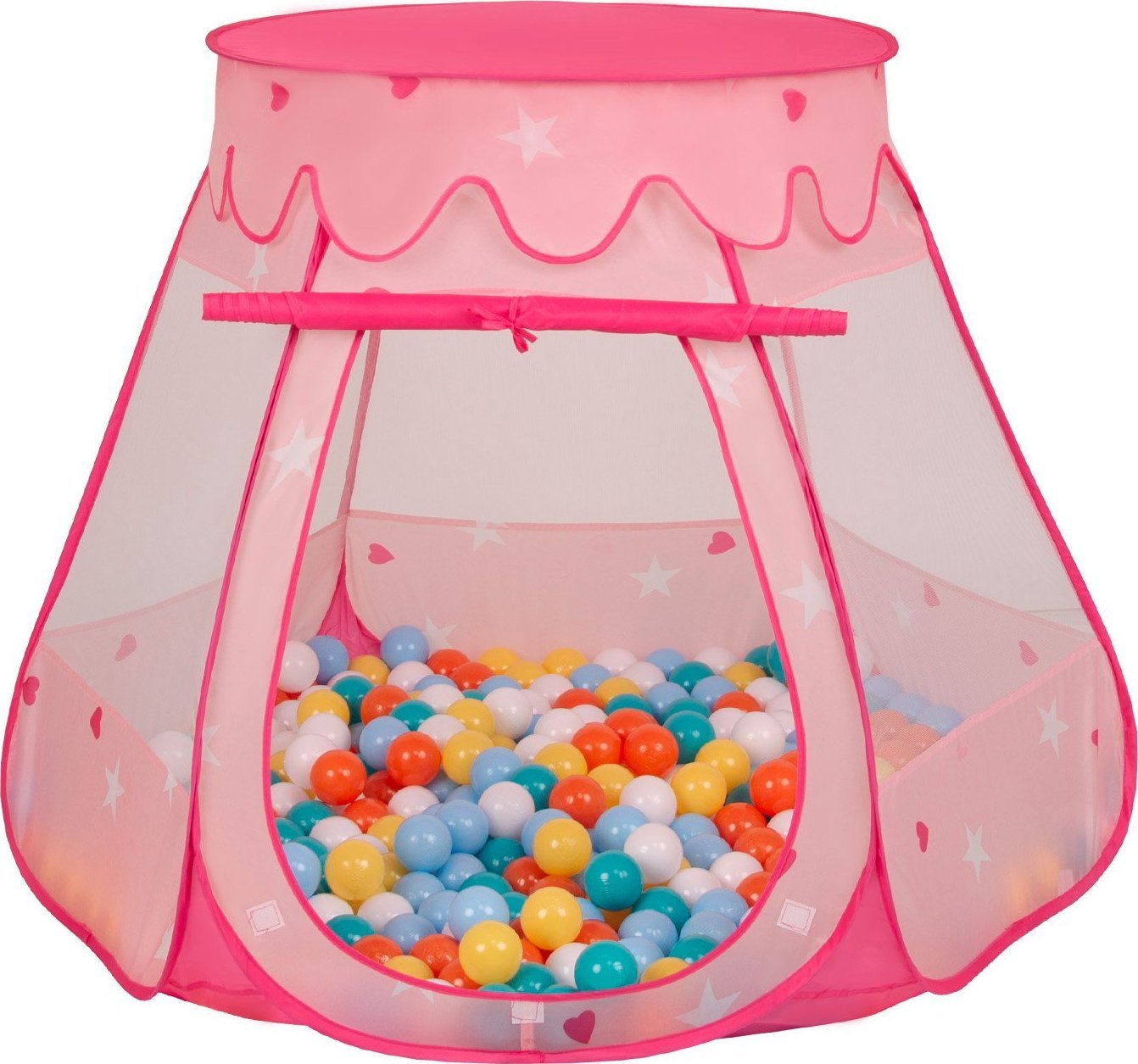 Selonis Selonis Namiot zamek NZ-100X z piłeczkami 6cm różowy: biały-żółty-pomarańcz-babyblue-turkus 105x90cm/300piłek Zabawka namiot dla dzieci