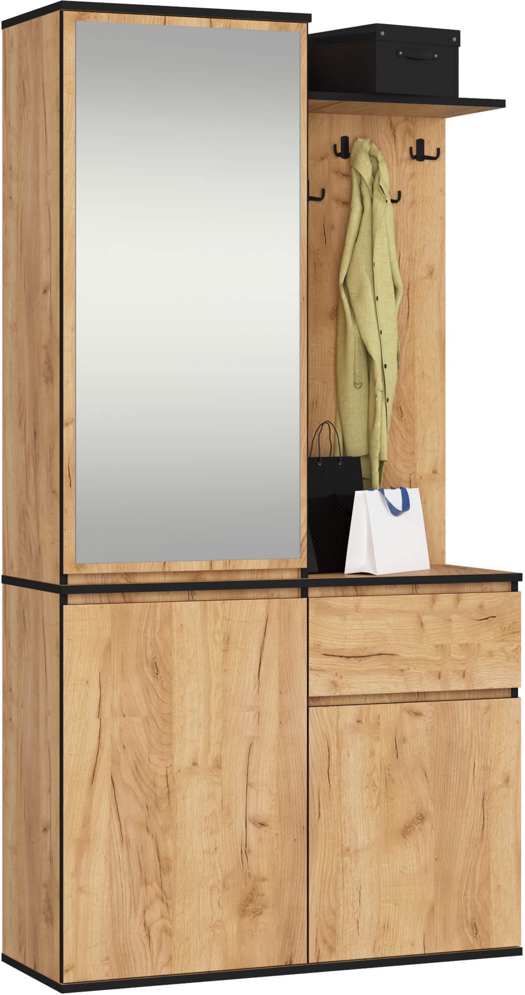 Szafa do przedpokoju z lustrem ENTRO 95 cm duża garderoba wieszaki - dąb craft