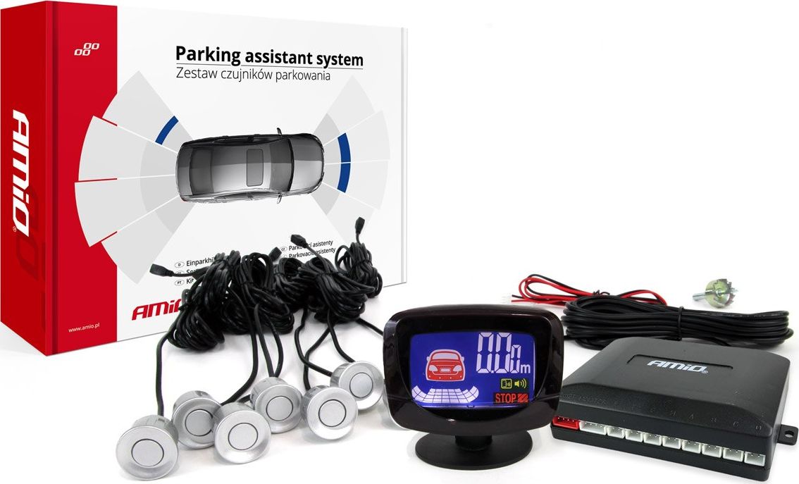 AMiO Zestaw czujników parkowania cofania led-graf 8 sensorów srebrne