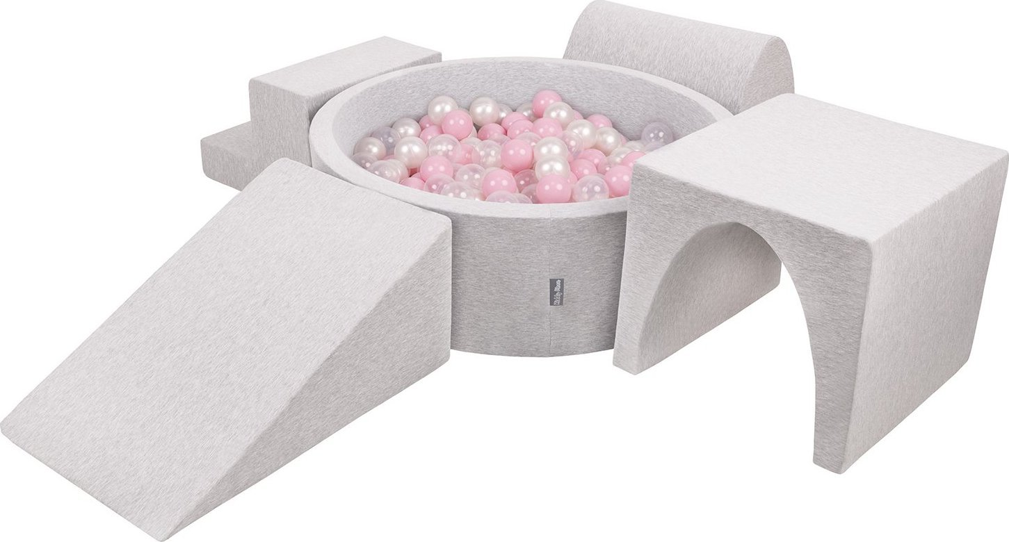 KiddyMoon KiddyMoon Piankowy plac zabaw PPZP-OK30D-125 z piłeczkami jasnoszary: pudrowy róż-perła-transparent basen 300/klin L/górka/tunel/schodek Zab