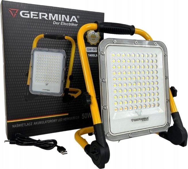 Naświetlacz Germina Naświetlacz LED ładowalny, 50 W, 1400 lm, 6500 K, IP65, Herkules