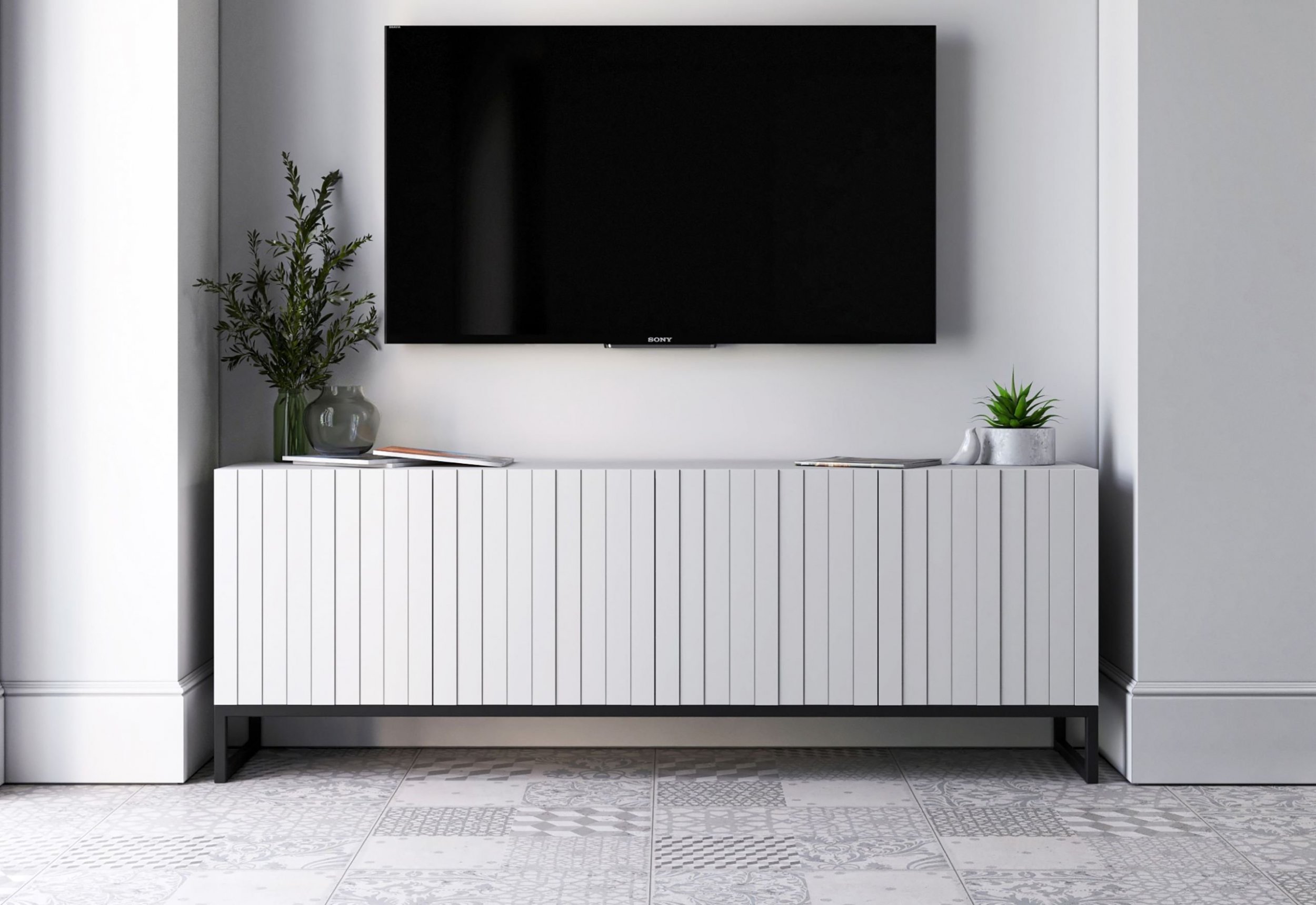 Meble Lindner Nowoczesna Szafka RTV Loft Biały MAT metalowa rama Czarna 150 cm Ryflowane fronty