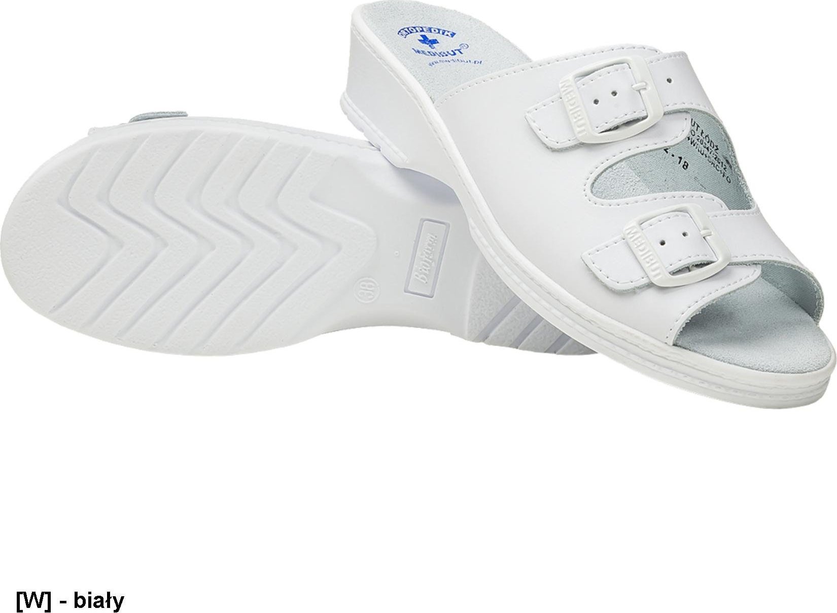 MEDIBUT BMKLA2PAS - klapki damskie na koturnie, cholewka skóra z powłoką ułatwiającą mycie i dezynfekcję - biały 36