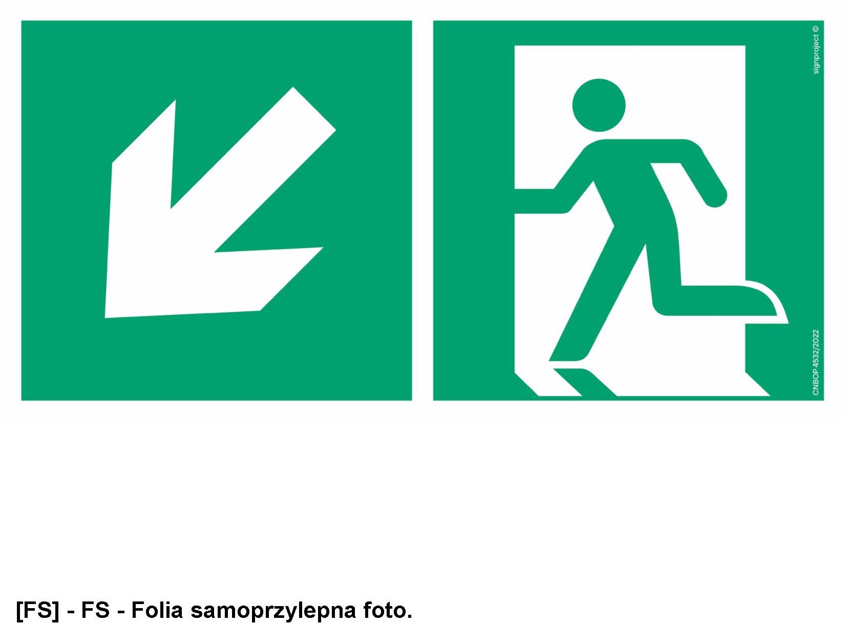 AE093 - Kierunek do wyjścia ewakuacyjnego w dół w lewo 200x100