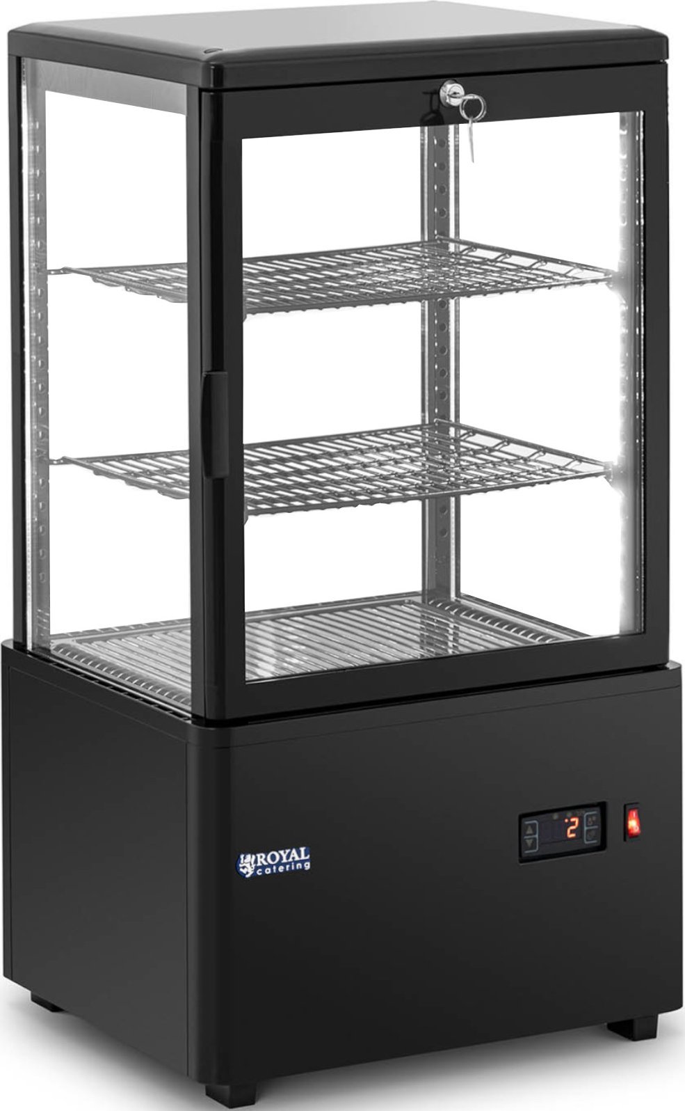 Royal Catering Witryna chłodnicza ekspozycyjna przeszklona 3 poziomy 58 l - czarna Witryna chłodnicza ekspozycyjna przeszklona 3 poziomy 58 l - czarna