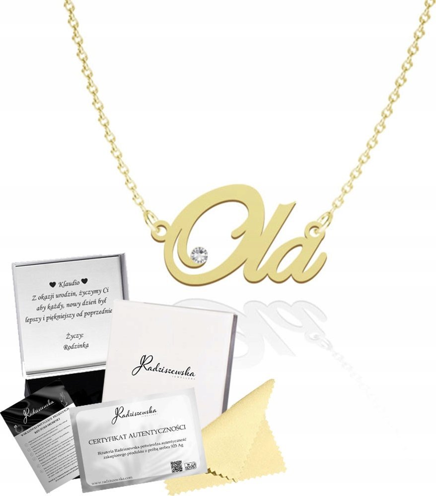 Radziszewska Jewellery Złoty Naszyjnik z Imieniem OLA Łańcuszek Prezent SREBRO 925 DEDYKACJA
