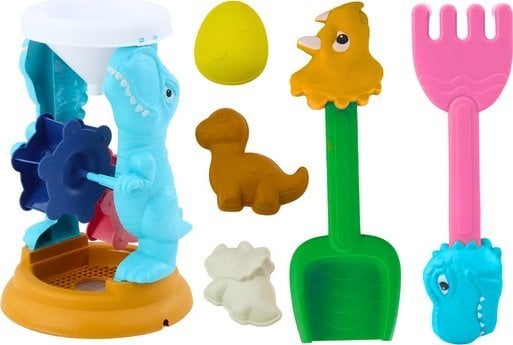 LeanToys Zestaw Zabawek Do Piasku Młynek Łopatka Grabki Foremki Dinozaury