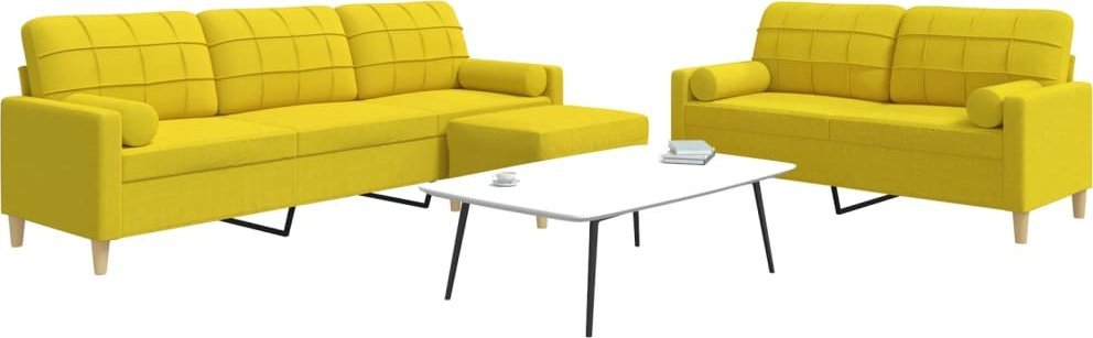 vidaXL vidaXL 3-cz. zestaw sof z podnóżkiem i poduszkami, jasnożółty, tkanina