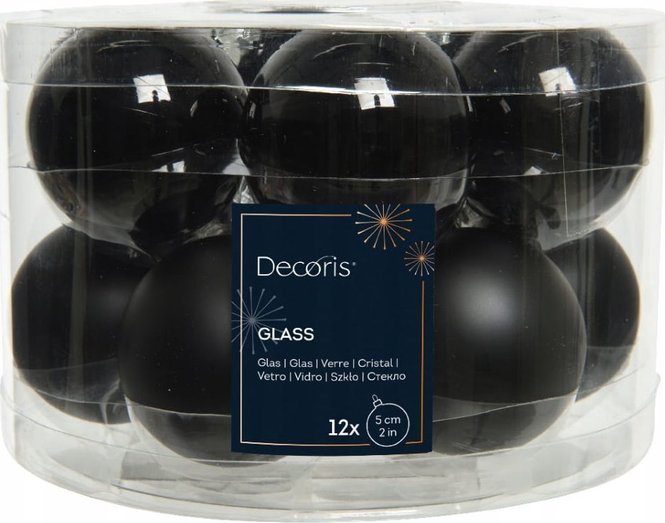 Kaemingk Zestaw 12 szklanych bombek choinkowych 5cm czarne błyszczące matowe