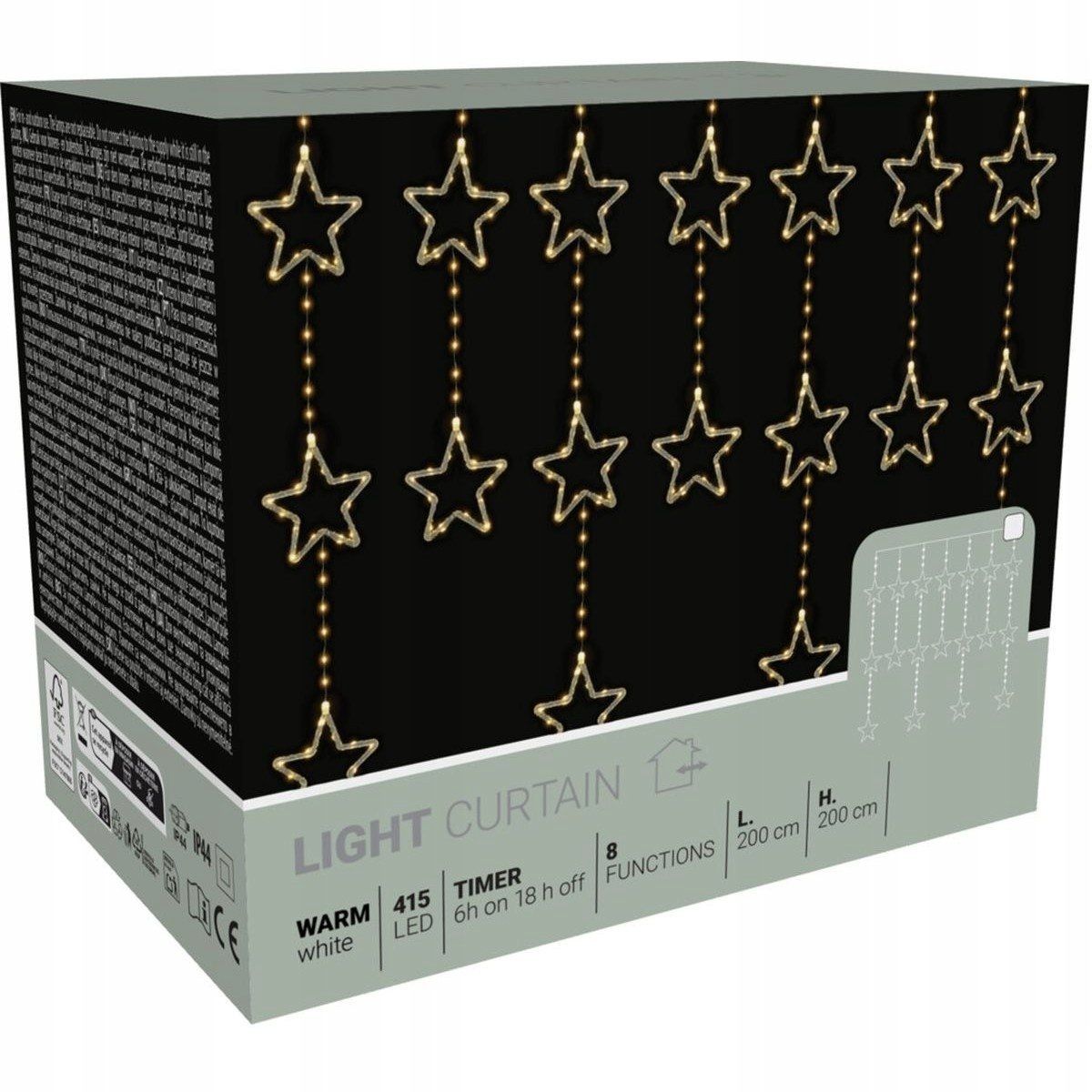 LAMPKI CHOINKOWE KURTYNA ŚWIETLNA 200x200 CM 415LED CIEPŁY BIAŁY GWIAZDKI