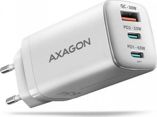 Ładowarka Axagon ACU-DPQ65W Ładowarka sieciowa GaN 65W, 3x port (USB-A + dual USB-C) PD3.0/QC4+/PPS/Apple, biała
