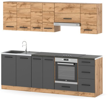 Zestaw Kuchenny Mokka Plus 2.4m Modułowy Z Blatem Wotan Dąb Wotan Szara Mat