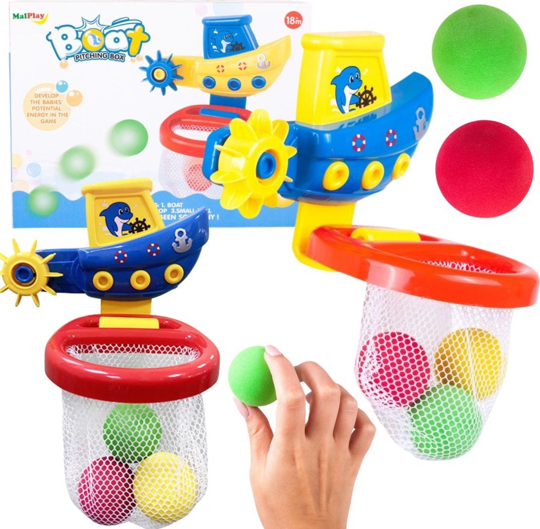 ZESTAW ŁÓDKA Z KOSZEM I PIŁECZKAMI ZABAWKA DO KĄPIELI CELOWANIE DO KOSZA