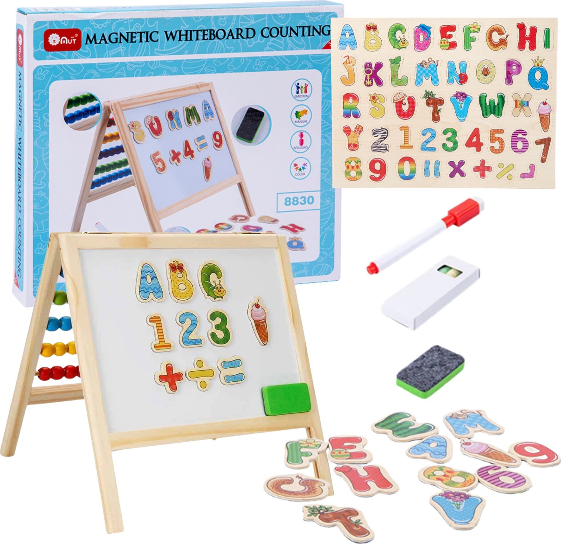 ProNice DREWNIANA TABLICA MAGNETYCZNA CYFERKI LITERKI LICZYDŁO ZESTAW GĄBKA MARKER