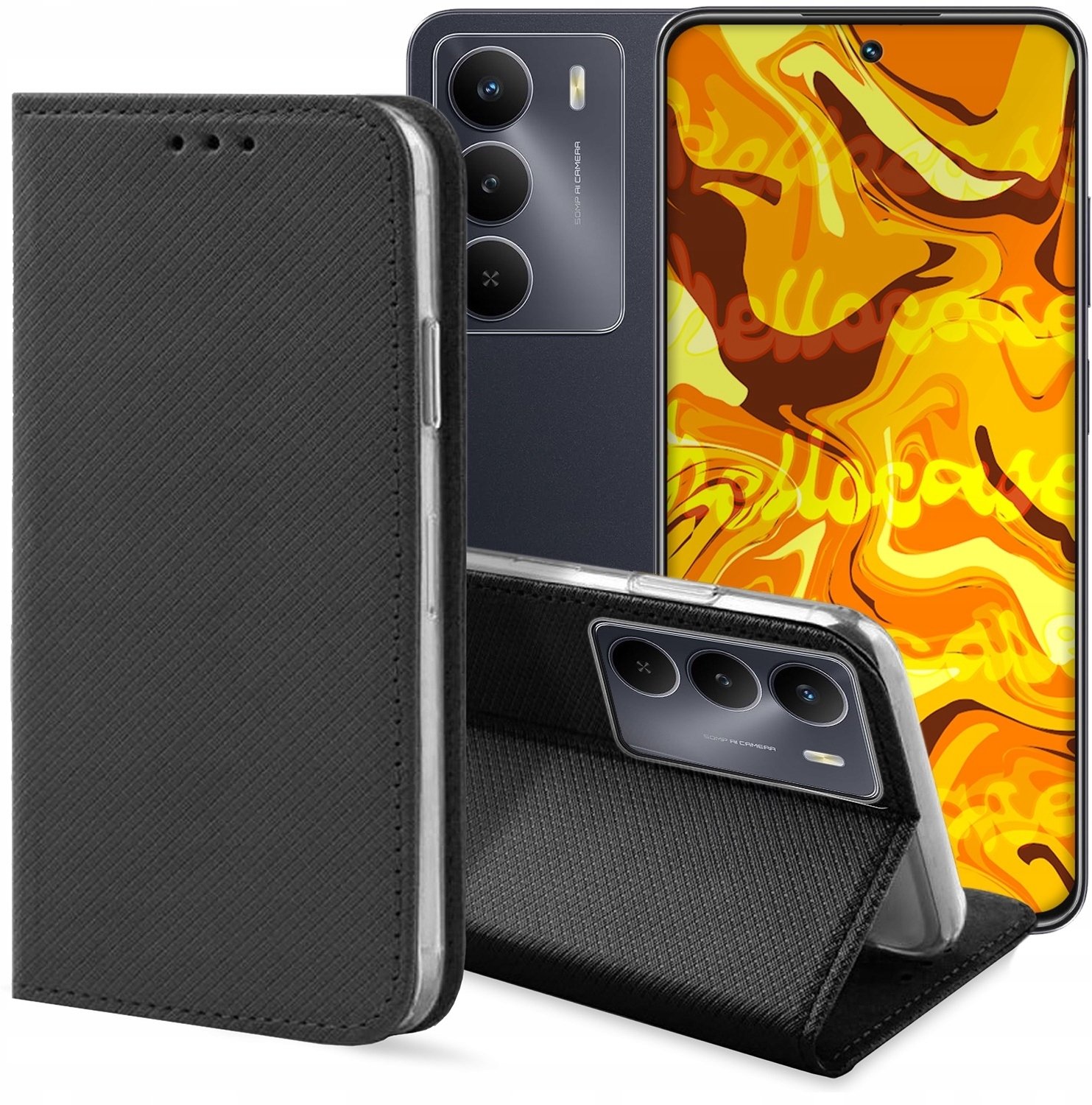 ETUI Z KLAPKĄ DO REALME 14X 5G / C75 CZARNE ZAMYKANE MAGNETYCZNE KABURA