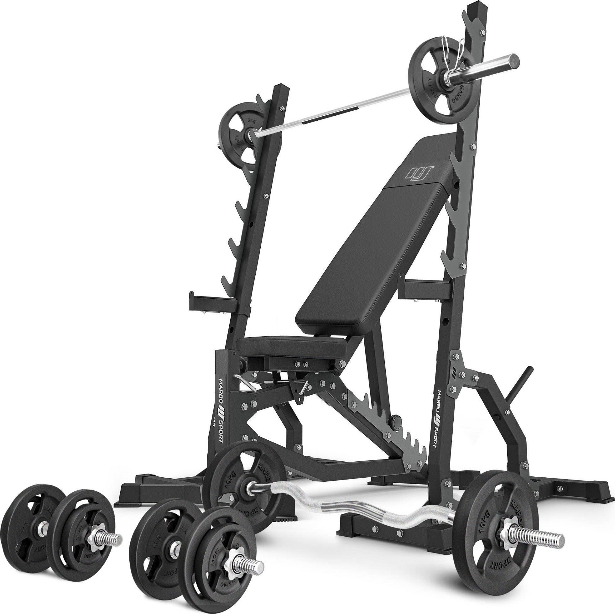 Zestaw MS8_2.0_83KG | Dwustronnie regulowana ławka treningowa + wielopoziomowe stojaki (2 sztuki) + zestaw gryfów i obciążeń 83 kg - Marbo Sport