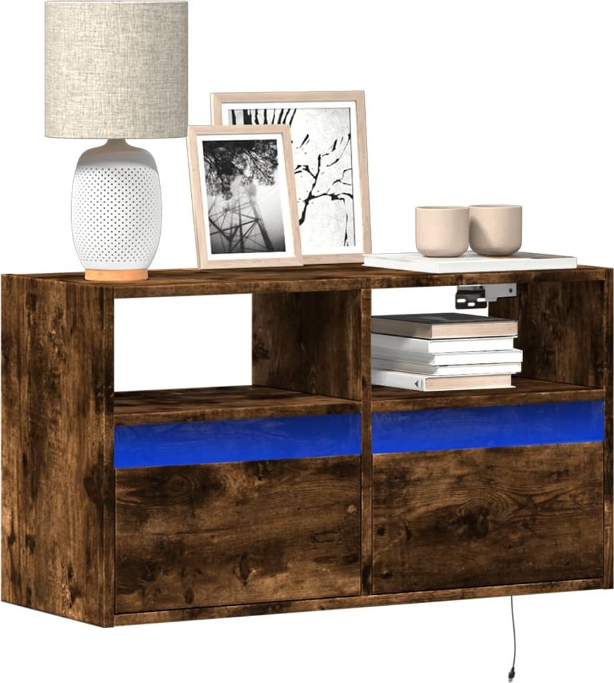 vidaXL Ścienna szafka TV z LED, przydymiony dąb, 80x31x45 cm