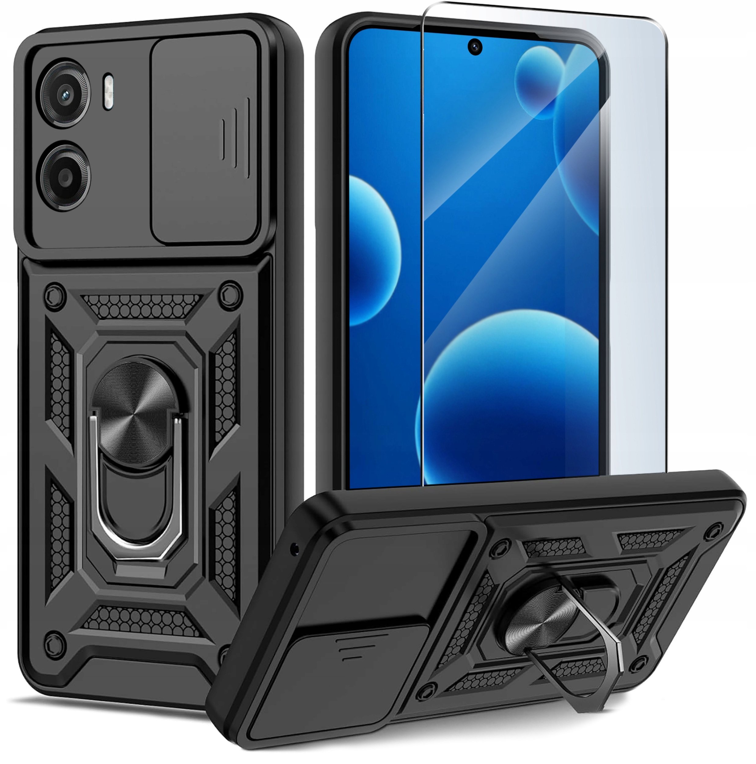 Etui do Motorola Moto G05 | E15 PANCERNE SLIDE RING CASE + SZKŁO 9H