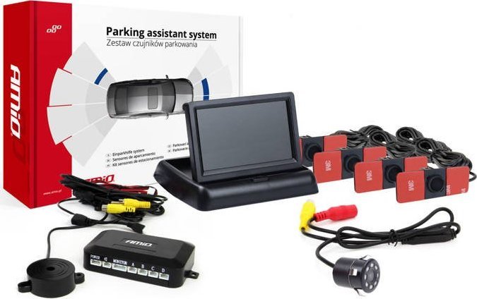 AMiO Zestaw czujników parkowania tft02 4,3" z kamerą hd-307-ir 4 sensory czarne wewnętrzne