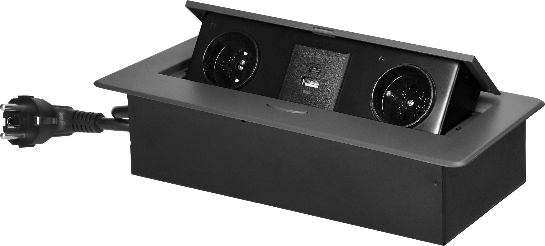 Orno Gniazda meblowe wpuszczane w blat z płaskim frezowanym rantem, ładowarką USB i przewodem 1,5m, 2x2P+Z, 2xUSB (typ A+C; 3,6A), grafitowe