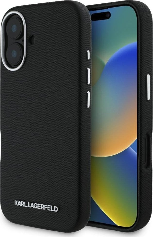 Karl Lagerfeld Saffiano Full Wrapped Elongated Metal Logo MagSafe Case for iPhone 16 Black