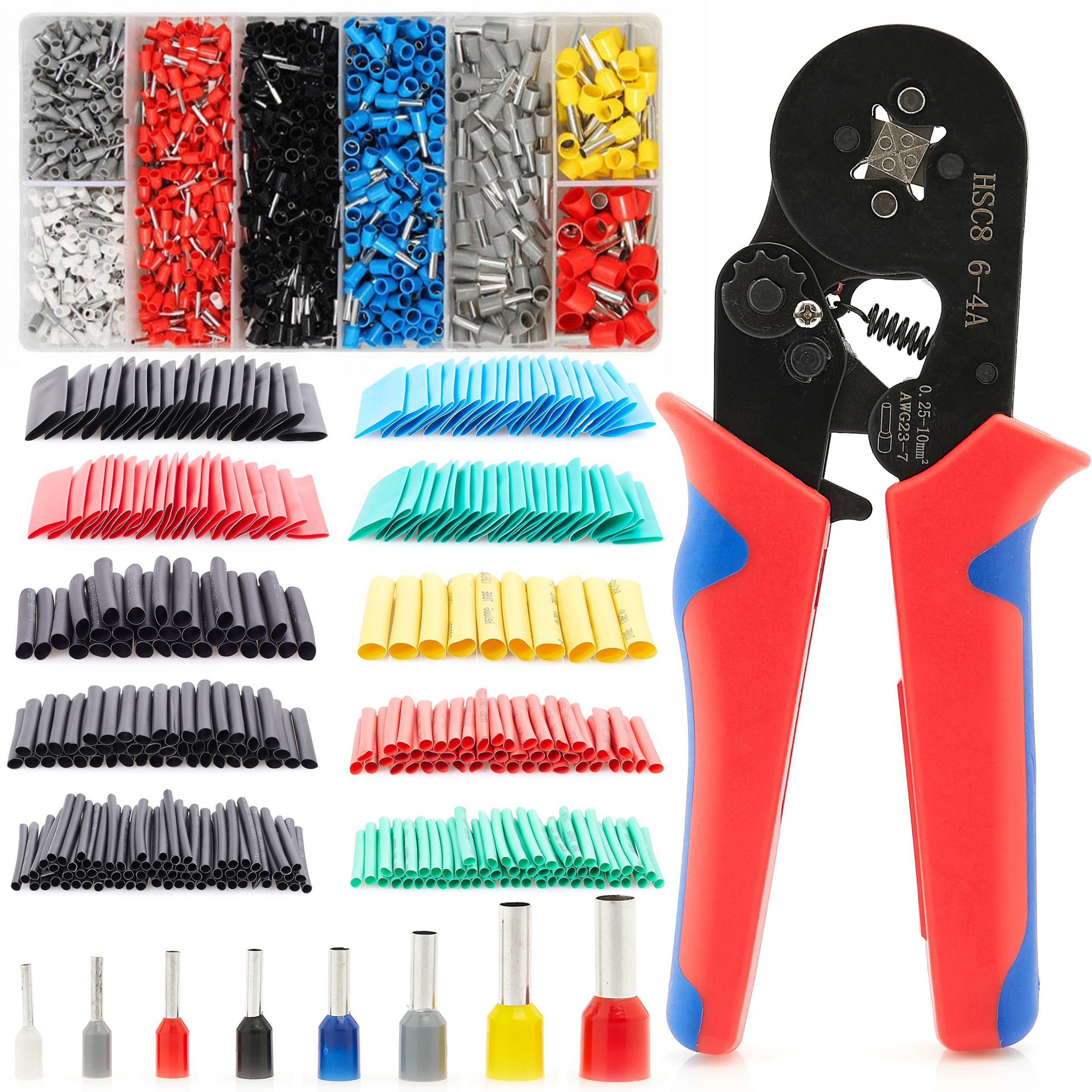 Zaciskarka do Tulejek Przewodów Kabli + 1200 tulejek izolowanych + Rurki Termokurczliwe 510 szt.