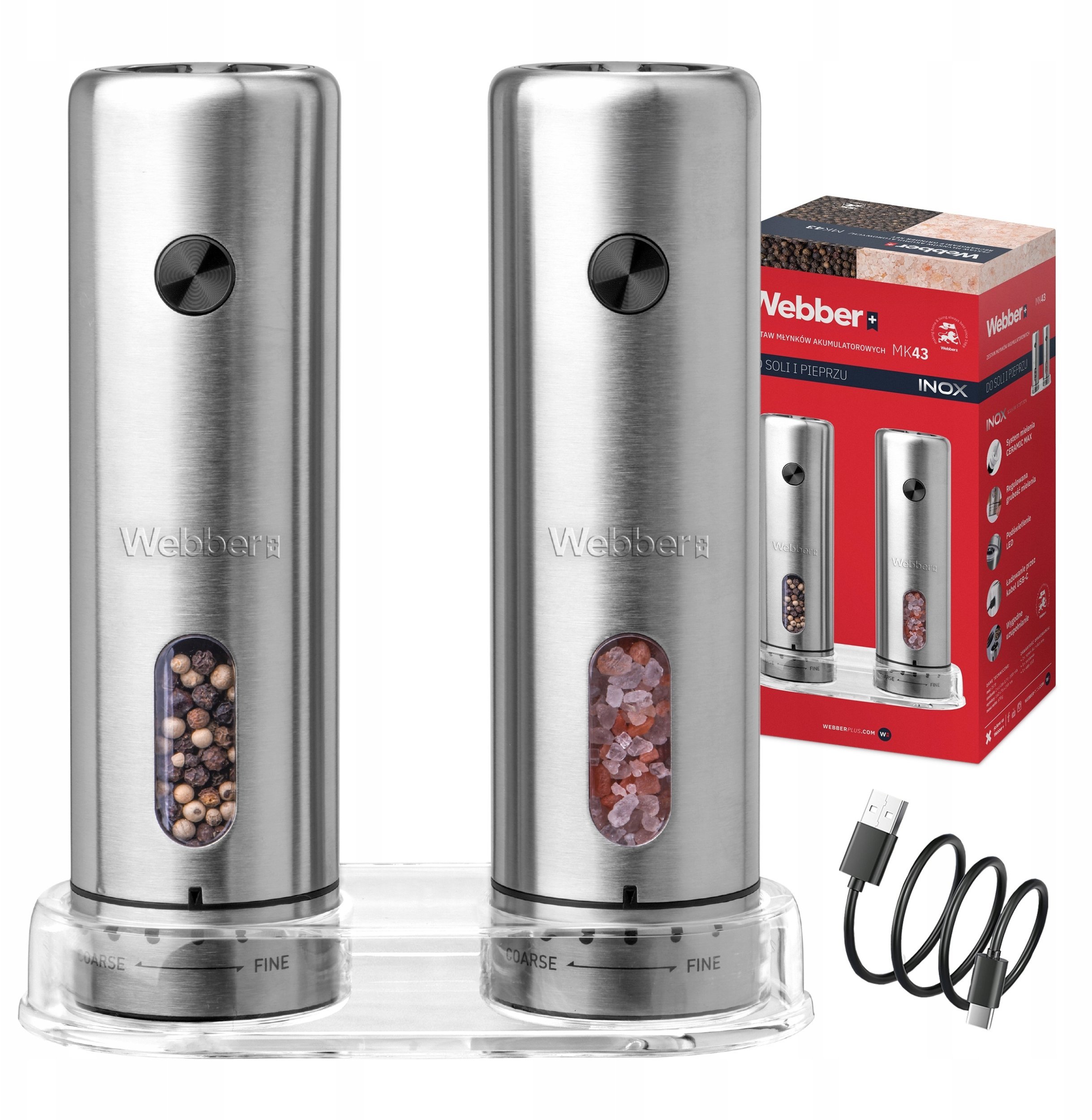 MŁYNEK DO PIEPRZU I SOLI ELEKTRYCZNY AKUMULATOROWY USB 2 SZT INOX WEBBER