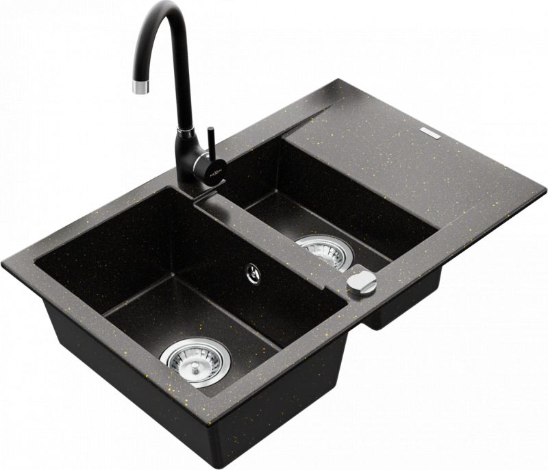 Zlewozmywak Mexen Mexen Gaspar zlewozmywak granitowy 1,5-komorowy z ociekaczem i baterią kuchenną Telma, czarny/złoty - 6507-75-670200-70