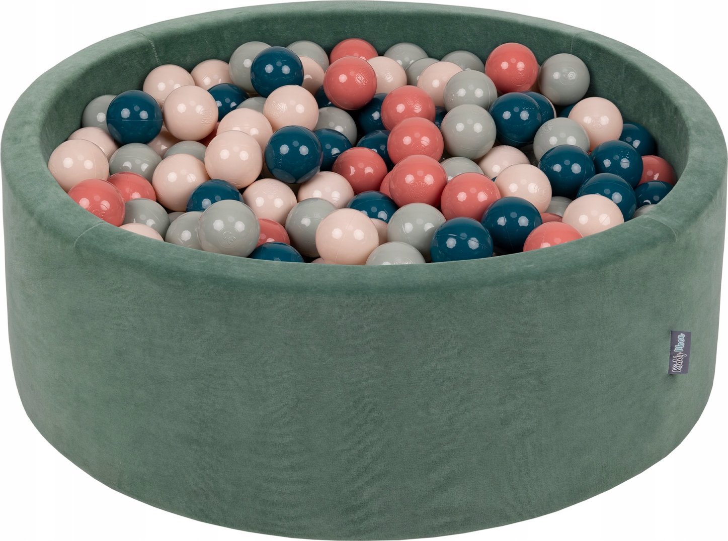 KiddyMoon Suchy basen okrągły VELVET z piłeczkami 7cm zieleń lasu: ciemny turkus-pastelowy beż-zielonoszary-łososiowy 90x30cm/300piłek Zabawka basen p