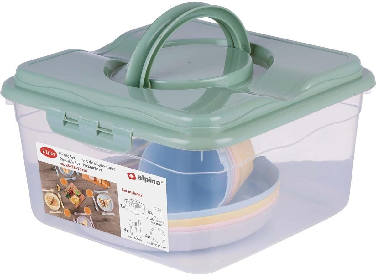 ZESTAW NACZYŃ TURYSTYCZNO PIKNIKOWYCH 21 ELEMENTÓW ALPINA
