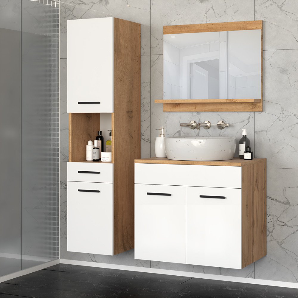 Zestaw Łazienkowy Szafka Wisząca 90cm Słupek Umywalka Z Lustrem Dąb Wotan