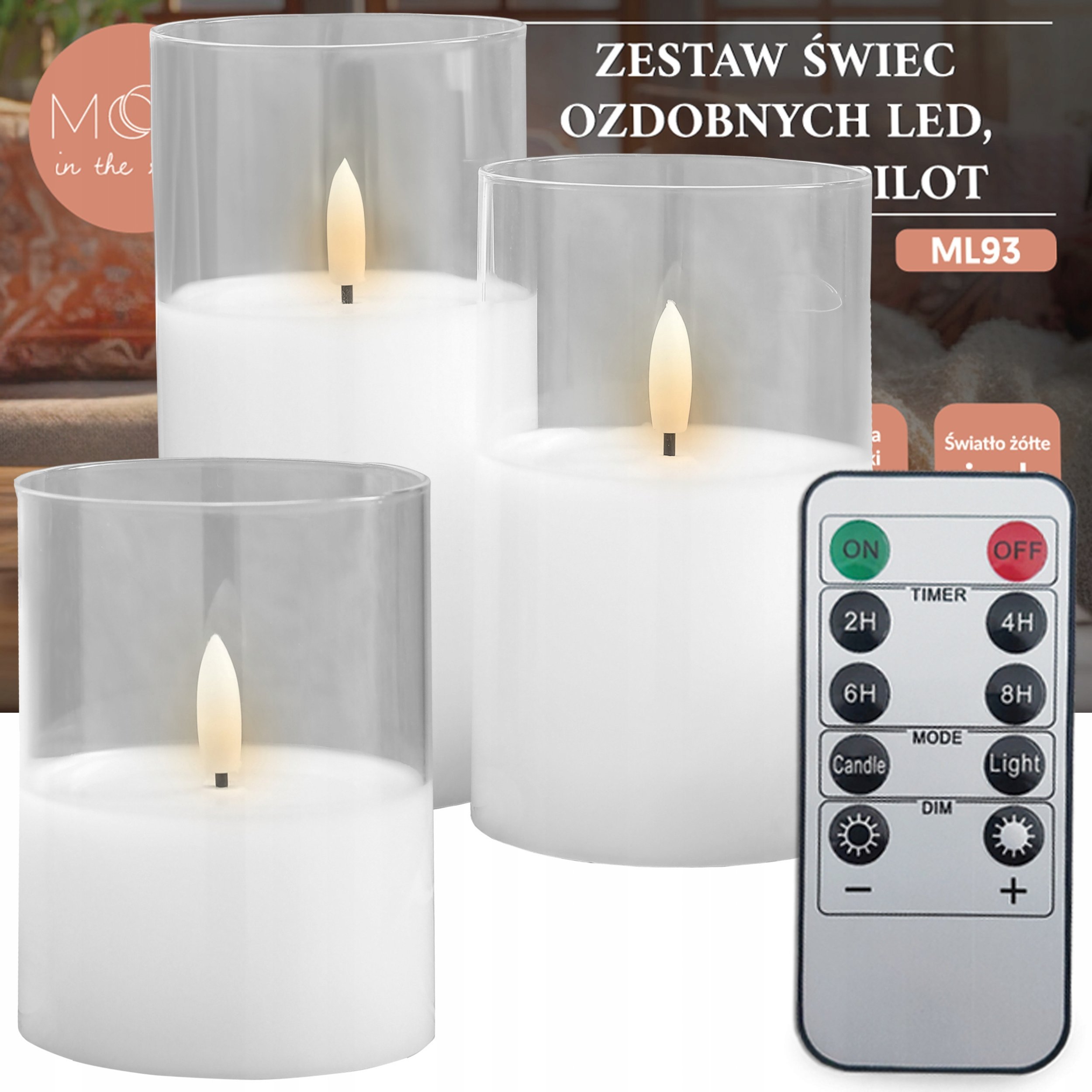 Ozdobne świece świeczki LED szkło białe, zestaw 3 sztuki + pilot
