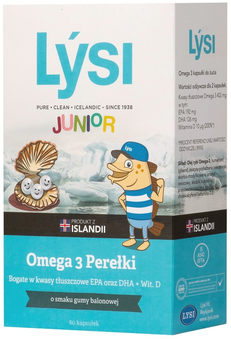 LYSI_Junior Omega 3 suplement diety perełki o smaku Gumy Balonowej 60 kapsułek