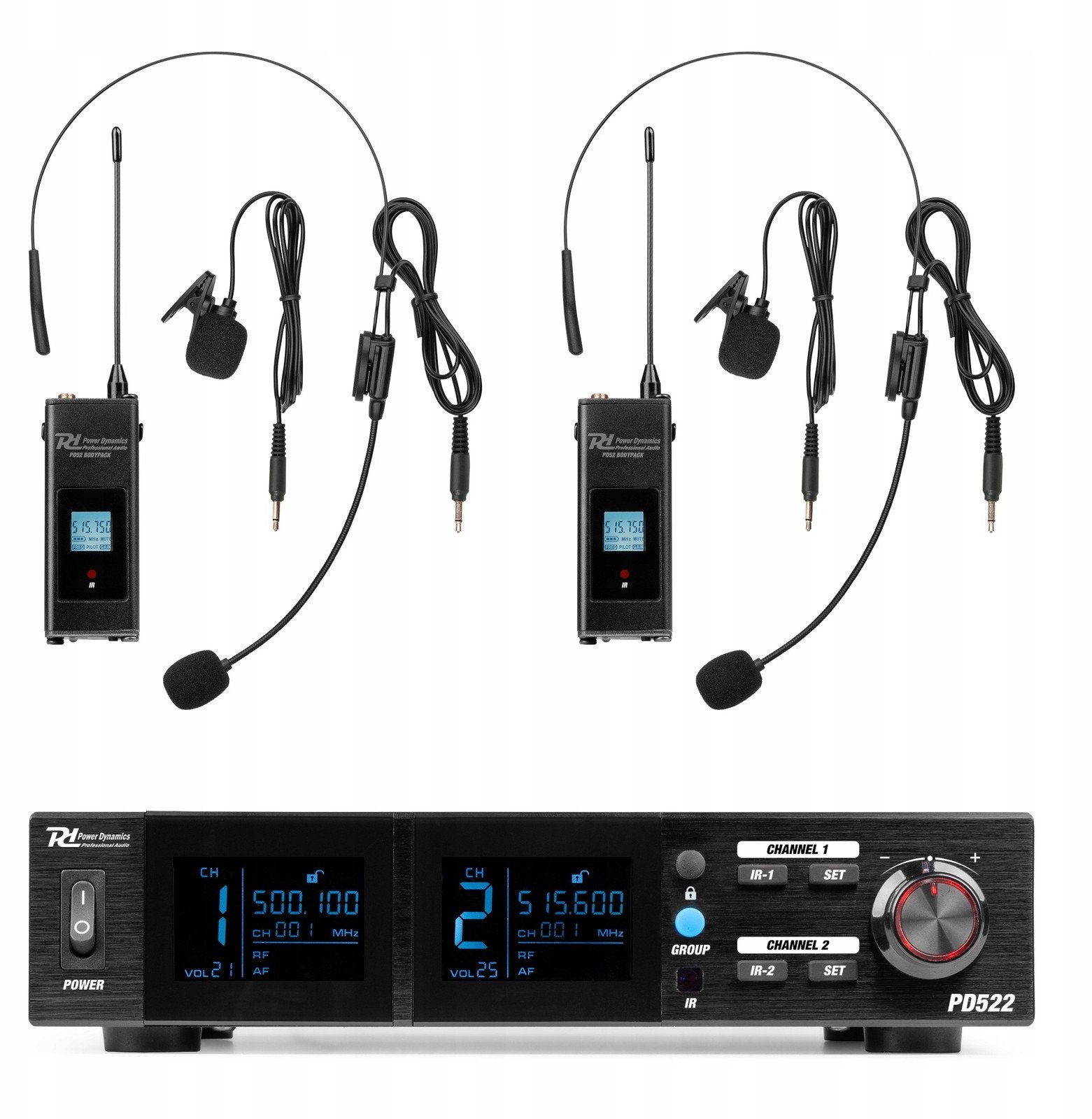 Zestaw bezprzewodowy mikrofonów UHF 2x bodypack nagłowny stacja Power Dynamics one size