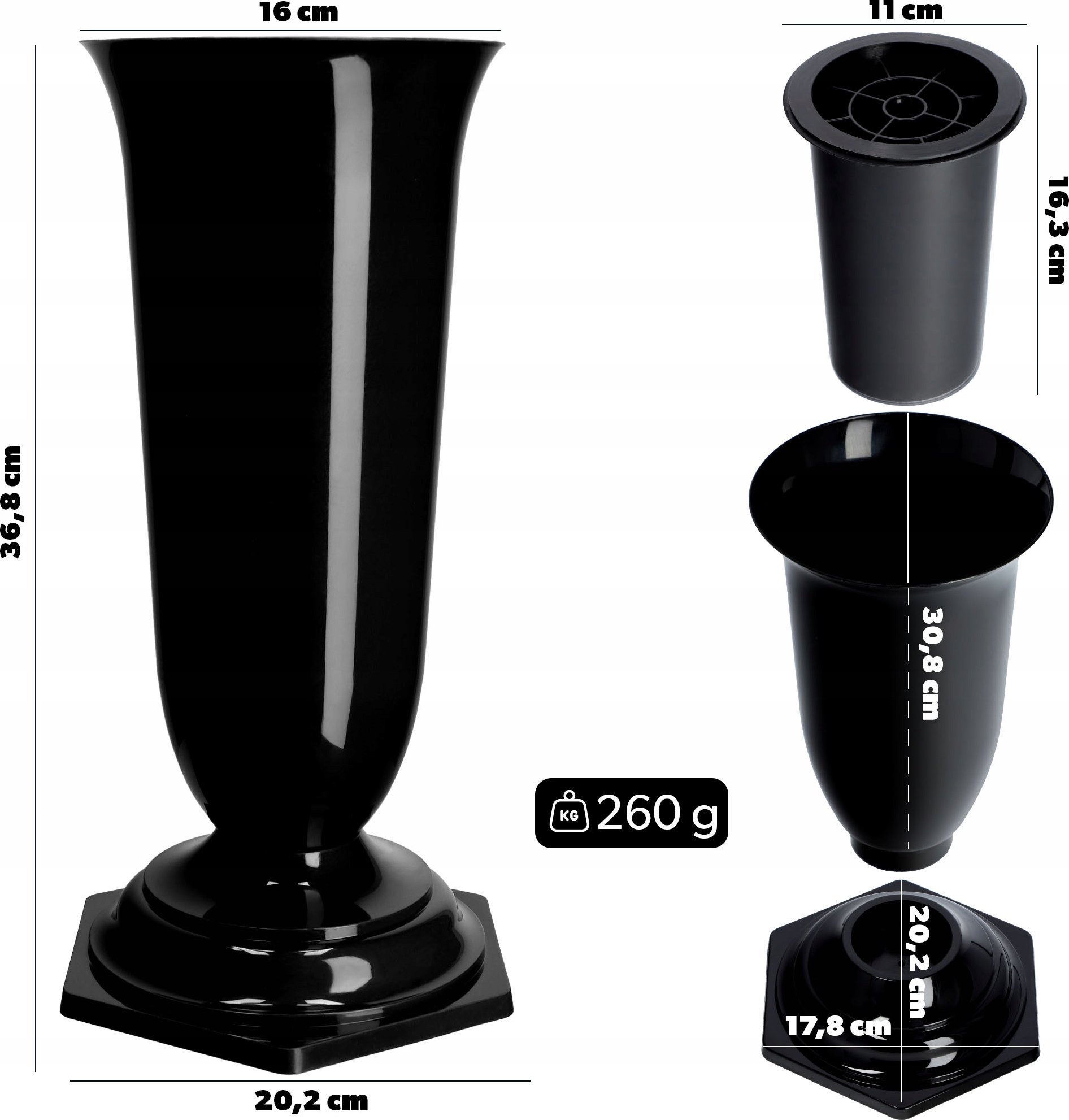 Kadax KADAX Wazon Flakon Kwiaty Nagrobny cmentarz Nagrobek Wkład Podstawka Czarny 37cm