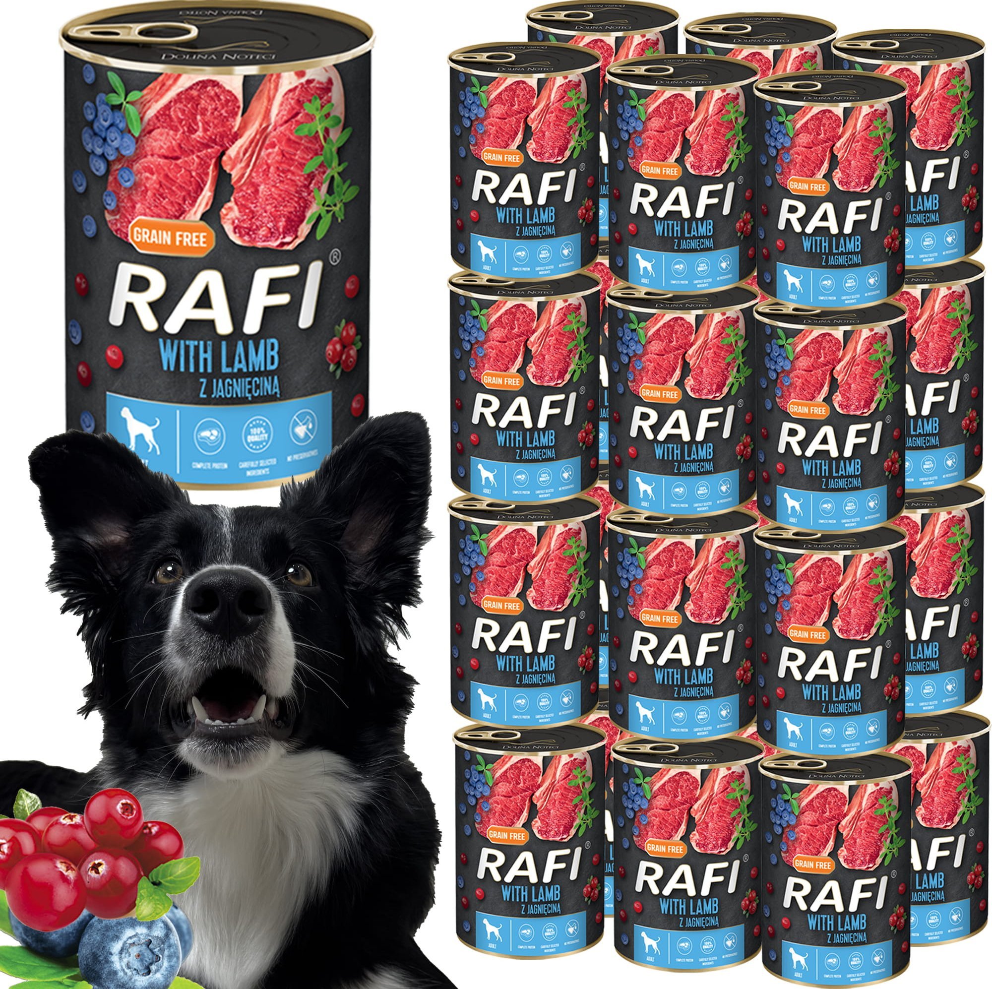 Karma Mokra Dla Psów RAFI z Jagnięciną, Borówką i Żurawiną 400g - 24 szt.