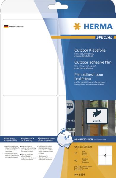 Herma Etykiety samoprzylepne z folii polietylenowej A4, folia matowa biała, 40 szt (9534)