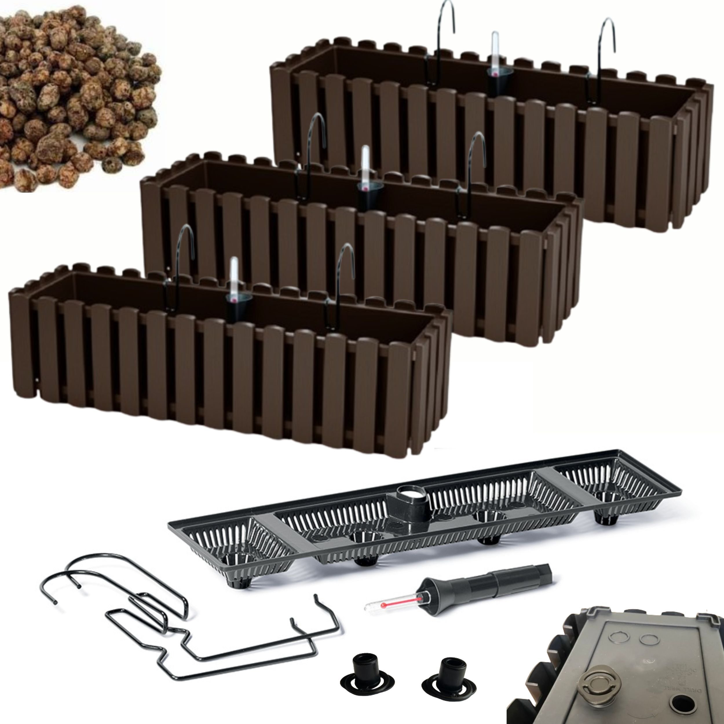Prosperplast 3x Skrzynka na balustradę DDEF600W Doniczka balkonowa + Keramzyt 3l