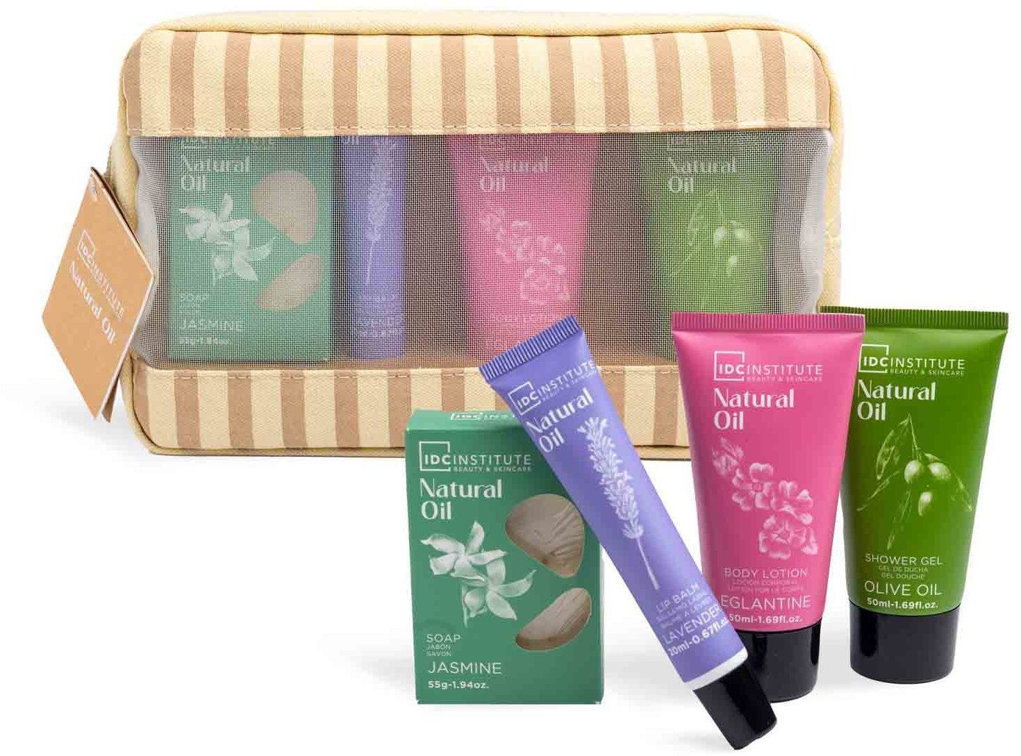 Rinkinys Idc Institute Natural Oil moterims: dušo želė, 50 ml + kūno losjonas, 50 ml + lūpų balzamas, 20 ml + muilas, 55 g