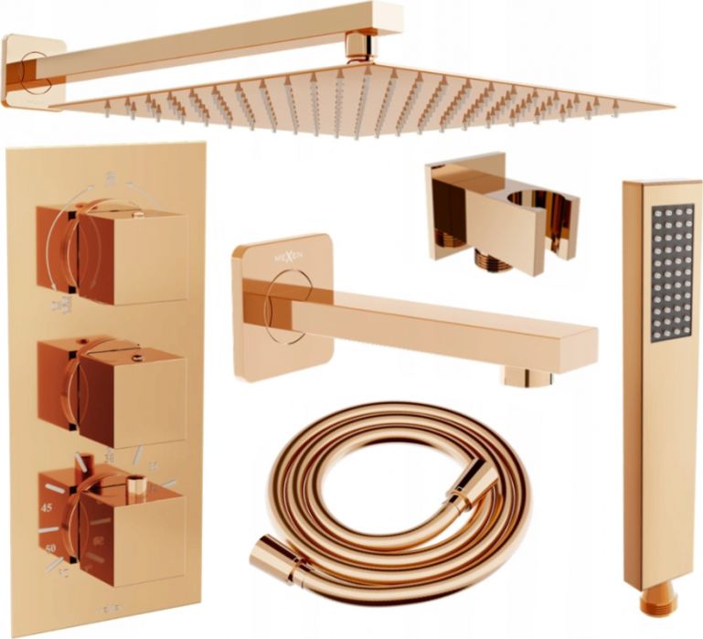 Zestaw prysznicowy Mexen Mexen Cube DR02 zestaw wannowo-prysznicowy podtynkowy z deszczownicą 30 cm, różowe złoto - 77503DR0230-60