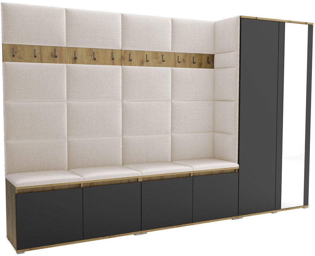 Tapicerowana garderoba Noris V z lustrem - kolor artisan z czarnym frontem + tkanina Trinity 01