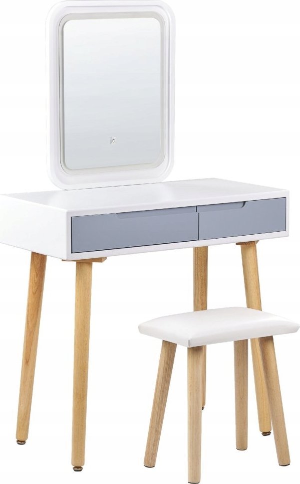 Beliani Toaletka 2 szuflady lustro LED ze stołkiem biało-szara DIEPPE
