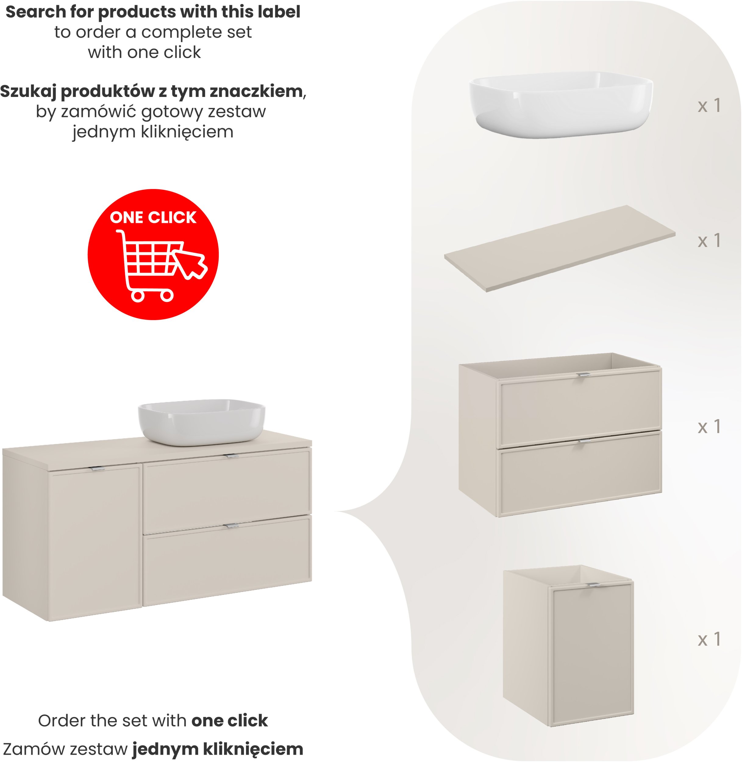 Zestaw meblowy 120cm z blatem i umywalką nablatową Smile