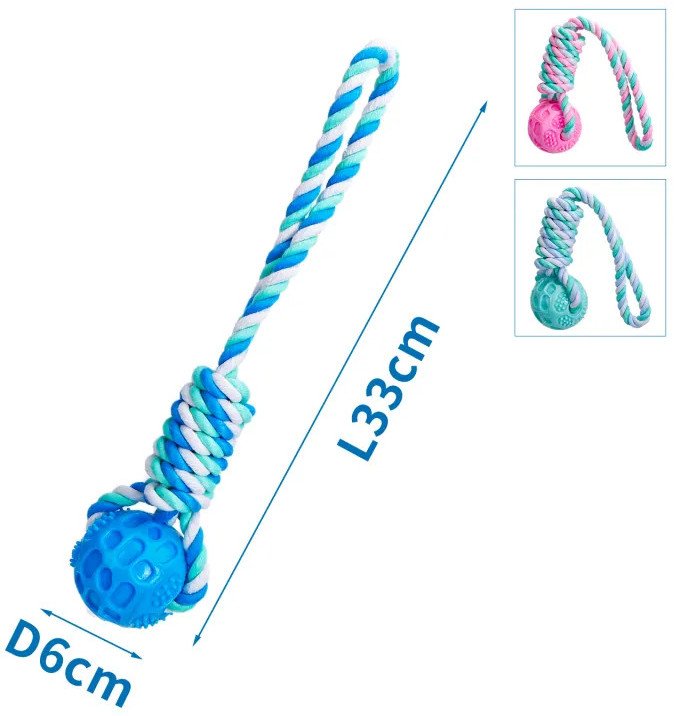 Zabawka z bawełnianego sznura z piłką i uchwytem z TPR dla psa