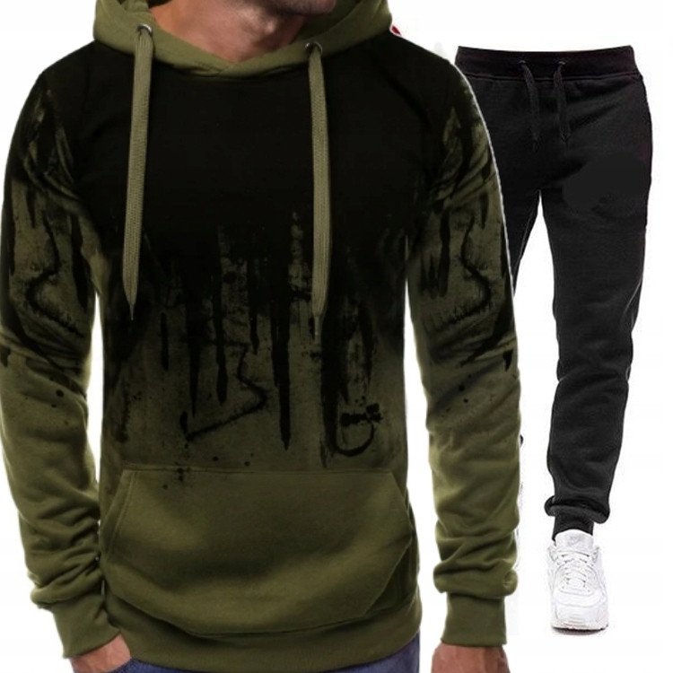 KOMPLET Dresowy MĘSKI Spodnie Bluza SPORTOWY z KAPTUREM Zielono-Czarny XXXL