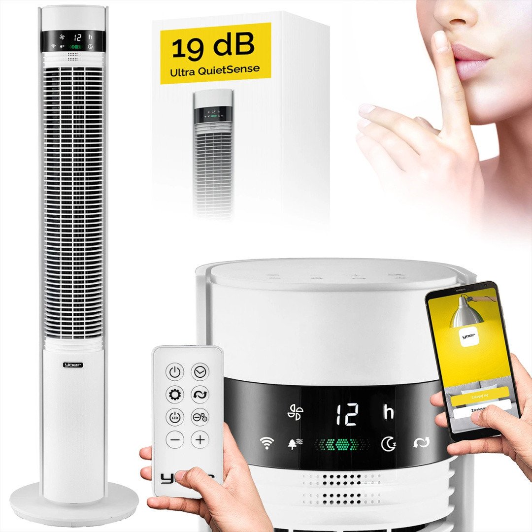Wentylator Yoer Cichy WENTYLATOR Kolumnowy Podłogowy JONIZACJA Stojący NATURALNY WIATR + Pilot - Yoer CoolWhisper TF07W
