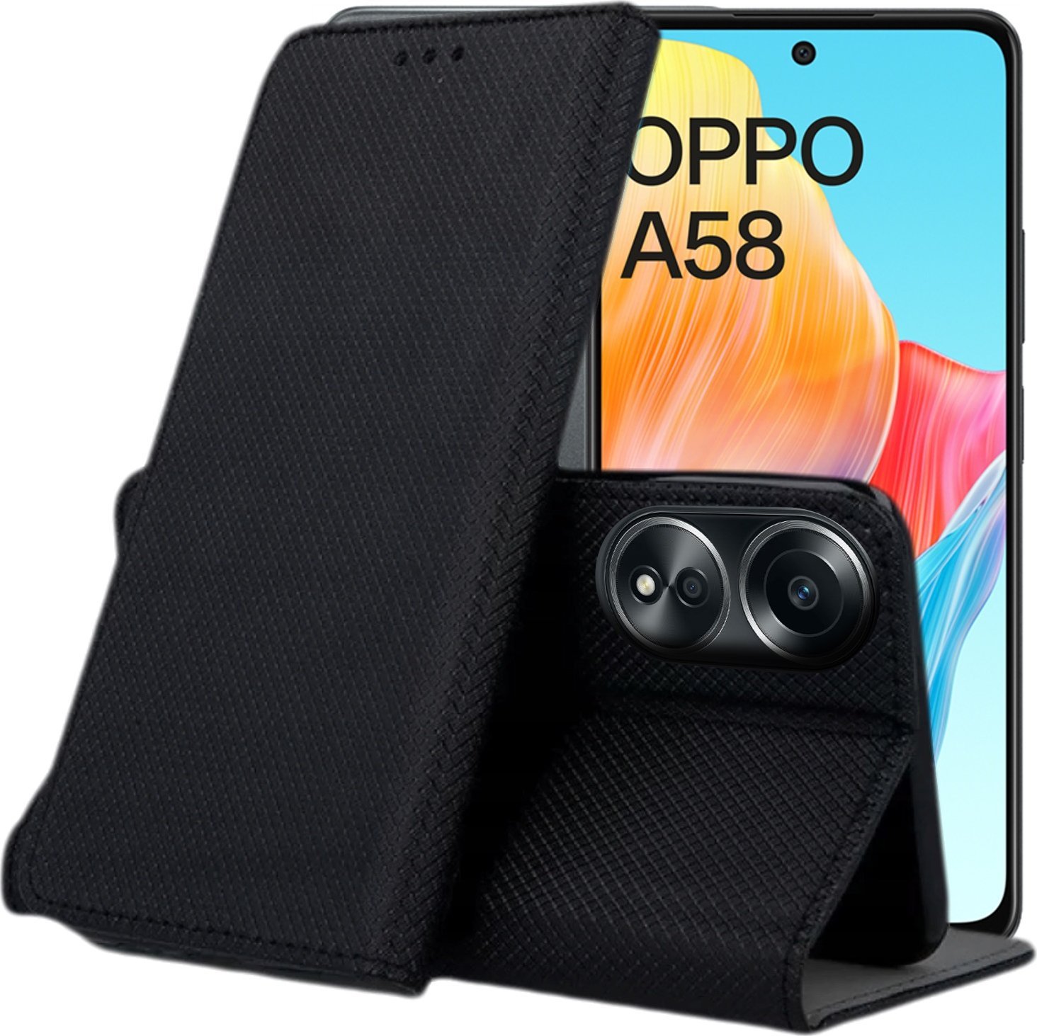 Hello Case ETUI Z KLAPKĄ DO OPPO A58 4G CZARNE ZAMYKANE MAGNETYCZNE KABURA FUTERAŁ