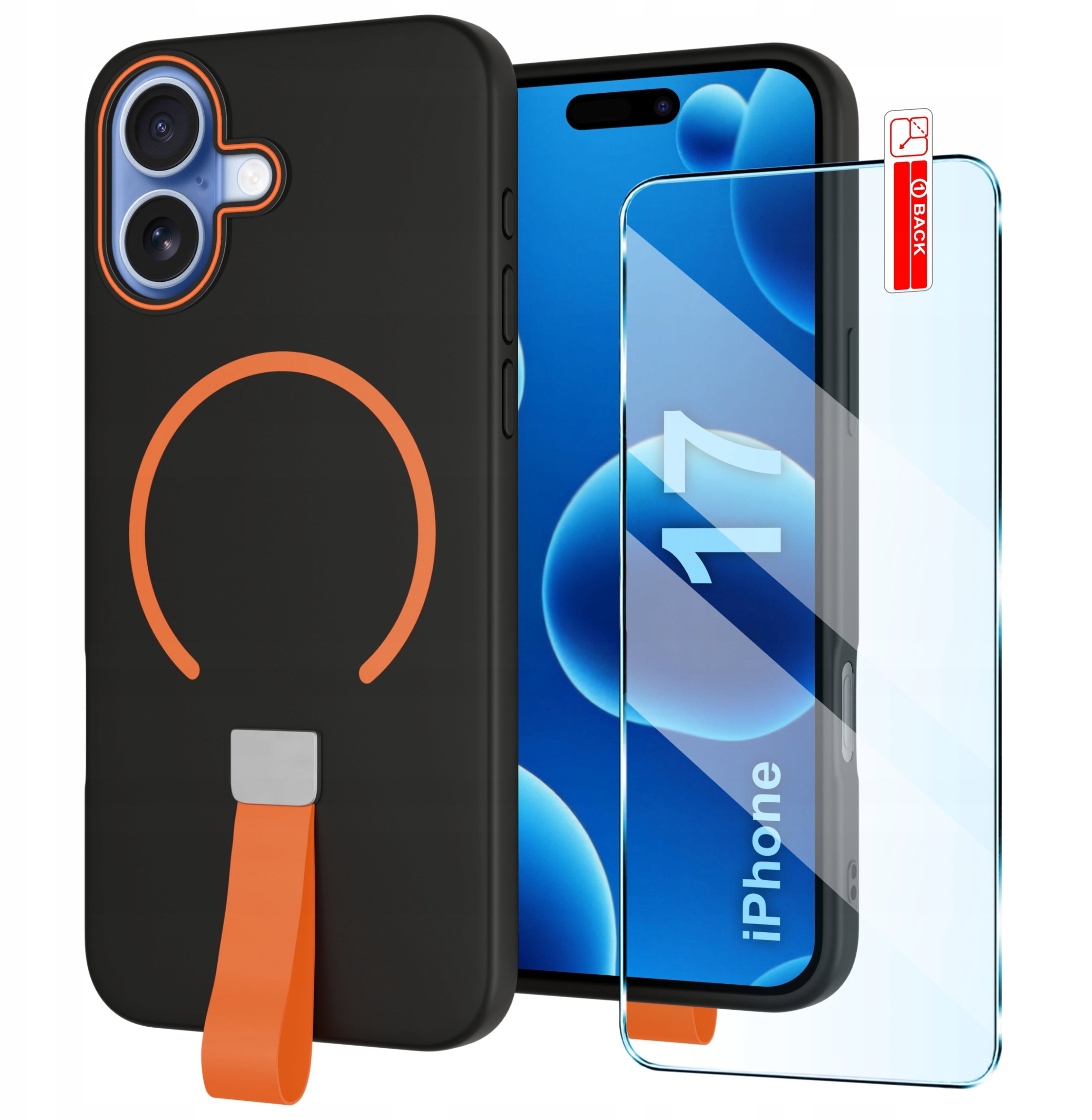 Etui z Paskiem na palec Matowe CZARNE do iPhone 17 |do MagSafe +Szkło