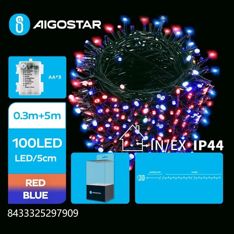 Lampki choinkowe Aigostar Lampki choinkowe na 3 baterie AA czerwone-niebieskie Taśma świetlna płaska na 3 baterie AA